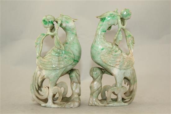A pair of Chinese jadeite phoenixes, early 20th century, 15.5cm - 16cm